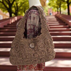 New York And Company Brown Crochet Shoulder Bag Boho Beach Tote Summer Festival‎